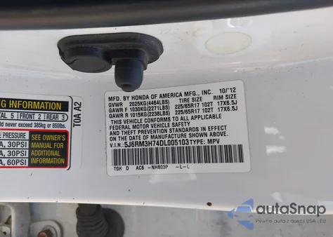 2013 Honda Cr-V Ex-L z USA, uszkodzony, nr VIN 5J6RM3H74DL005103